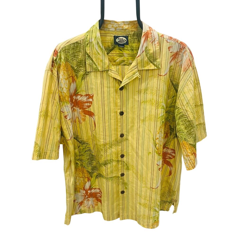 Tommy Bahama Men's XL Yellow Floral Pineapple Hibiscus Hawaiian Cotton Shirt
